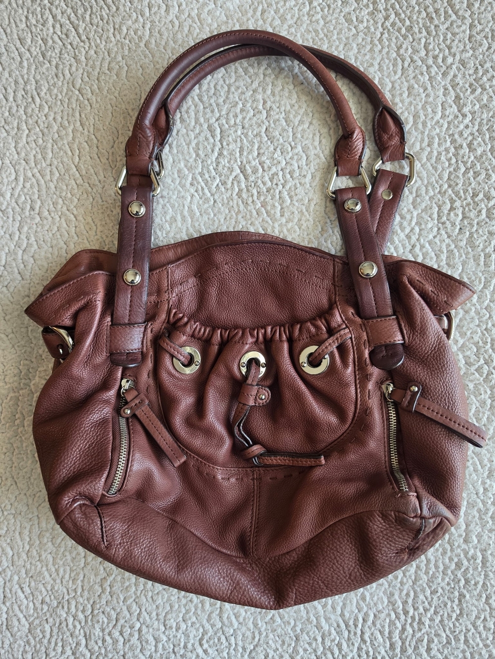 b. makowsky Brown Pebbled Leather Shoulder Bag with Drawstring Detail
